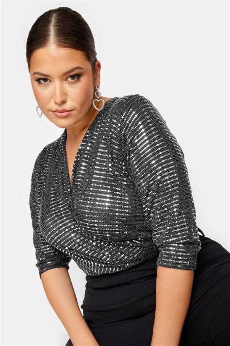 Yours London Plus Size Black And Silver Sequin Wrap Jumpsuit Yours Clothing