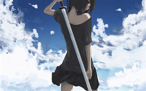 Wallpaper Anime Girls Sky Blue Black Hair Sword Wind Joint Cloud Girl Computer