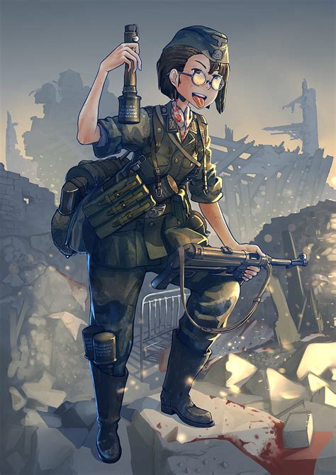 Anime Anime Mädchen Waffen Ss Bundeswehr Kurzhaar Brille Zweiter