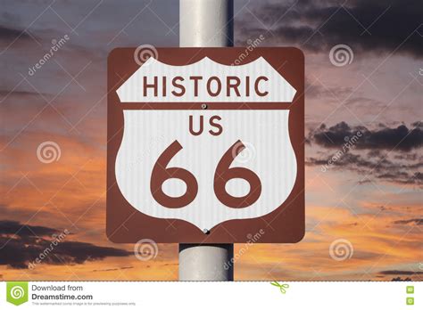 Historic Us Route 66 Highway Sign With Sunset Sky Stock Photo Image