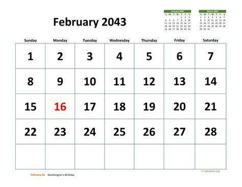 February 2043 Calendar With Extra Large Dates