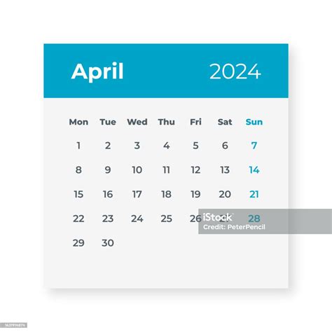 April 2024 Calendar Leaf Vector Illustration Stock Illustration