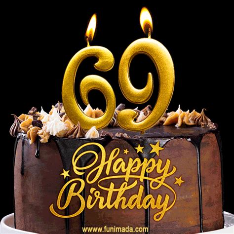 69 Birthday Chocolate Cake With Gold Glitter Number 69 Candles 