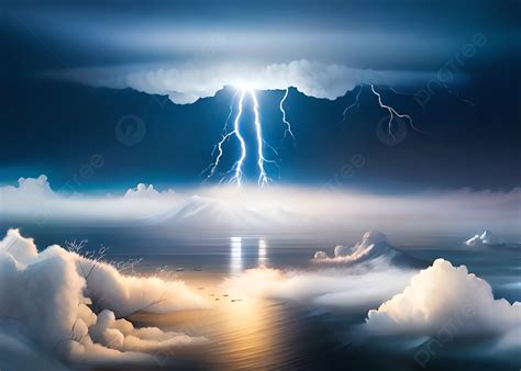 Thunder Bolt Lightening In Ocean Clouds Sky Background Thunder