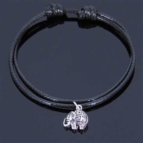925 Sterling Silver Vintage Elephant Bead Adjustable Wax Rope Bracelet