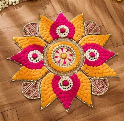 Indian Floral Rangoli Set Gota Patti Pom Pom Navratri Pooja Table