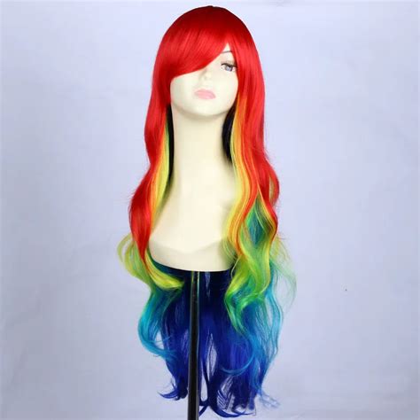 Cheap Wigs Synthetic Multi Color Ombre Rainbow Wig Cosplay For Costume Party Long Curly Wig