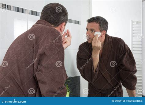 Middle Aged Man In Bathroom Stock Photo Image Of Caucasian Bathrobe
