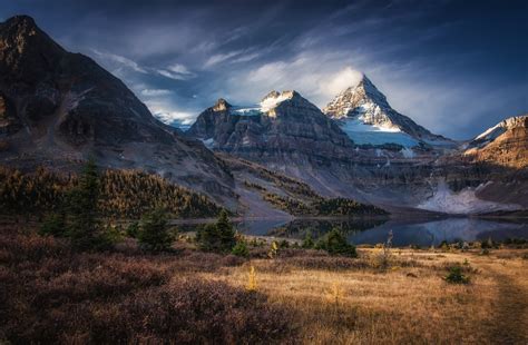 Mountains Forest Lake Fall Sunset Snowy Peak Grass Clouds Path