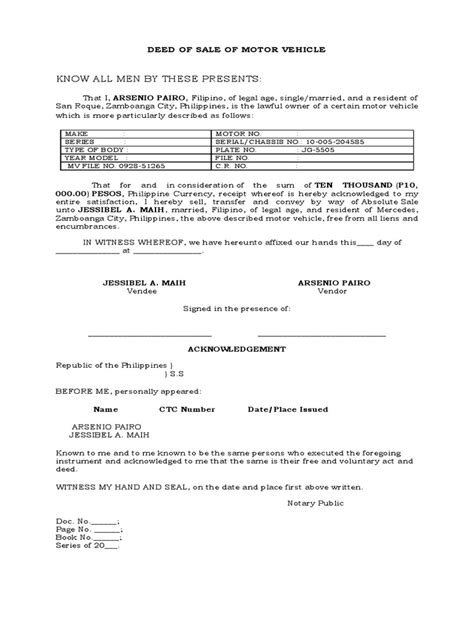 Deed Of Sale Of Motor Vehicle Pdf