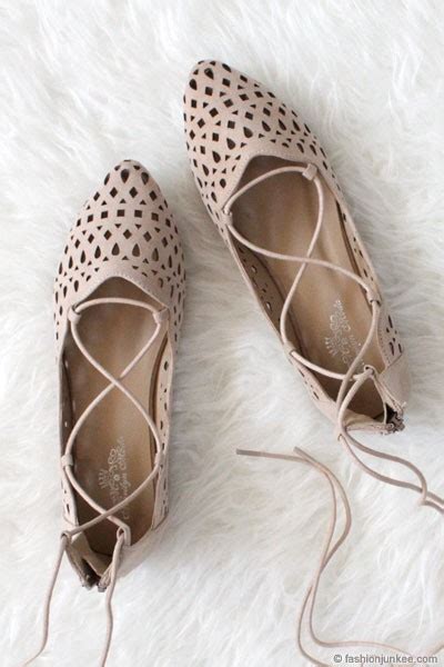 Laser Cut Pointy Toe Lace Up Ballet Flats Nude