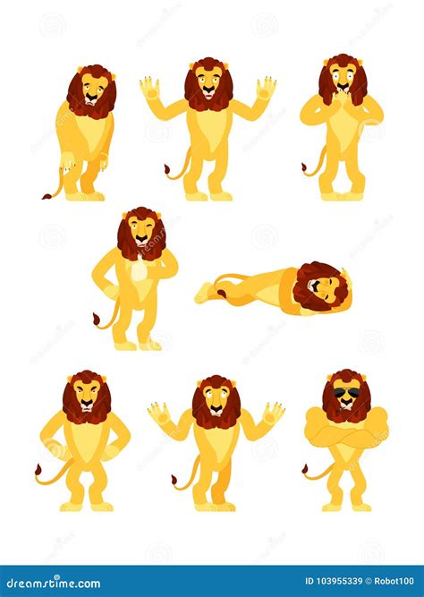 Lion Set Poses And Motion Wild Animal Happy And Yoga Stock Vector
