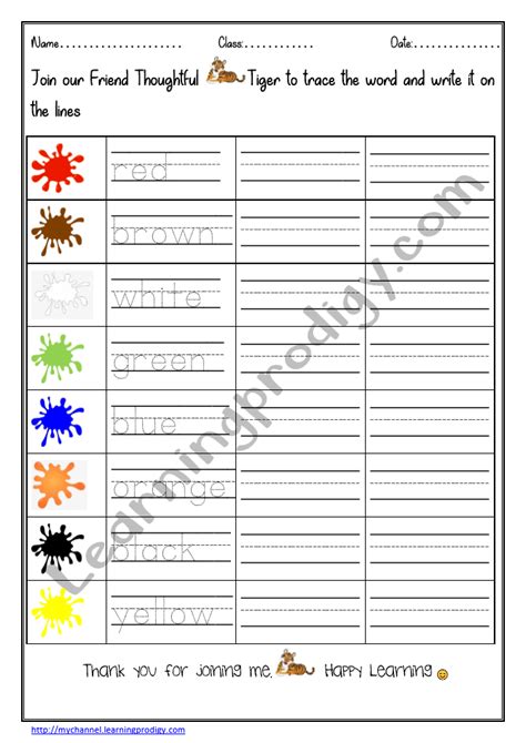 Colours Word Tracing Spelling Worksheet For Kindergarten English