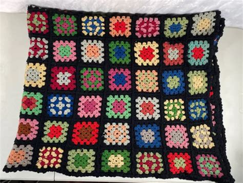Vintage Afghan Throw Crochet Granny Square Black Granny Square Roseanne