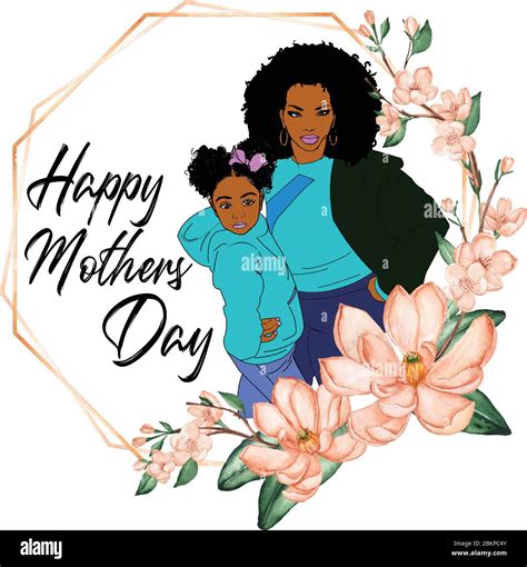 Afro American Mother And Daughter Standing Together Mothers Day Vector Design With Floral Frame