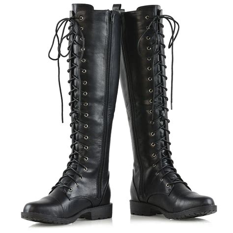 Womens Knee High Lace Up Calf Biker Ladies Zip Punk Military Combat