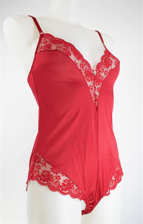 Vintage Lingerie Lace Teddy Playsuit Red Satin Etsy