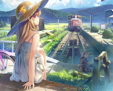 Wallpaper Anime Girl Summer Dress Strawhat Cat Train