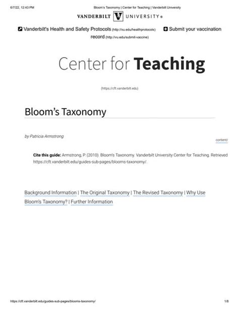 Blooms Taxonomy Center For Teaching Vanderbilt Universitypdf