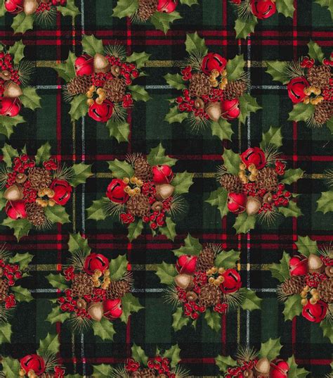 Fabric Traditions Berries And Bells Plaid Christmas Glitter Cotton Fabric