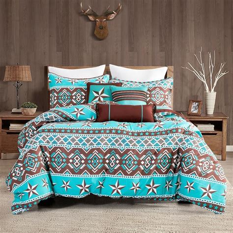 Southwestern Aztec Turquoise Western Brown Star Comforter 6 Piece Set