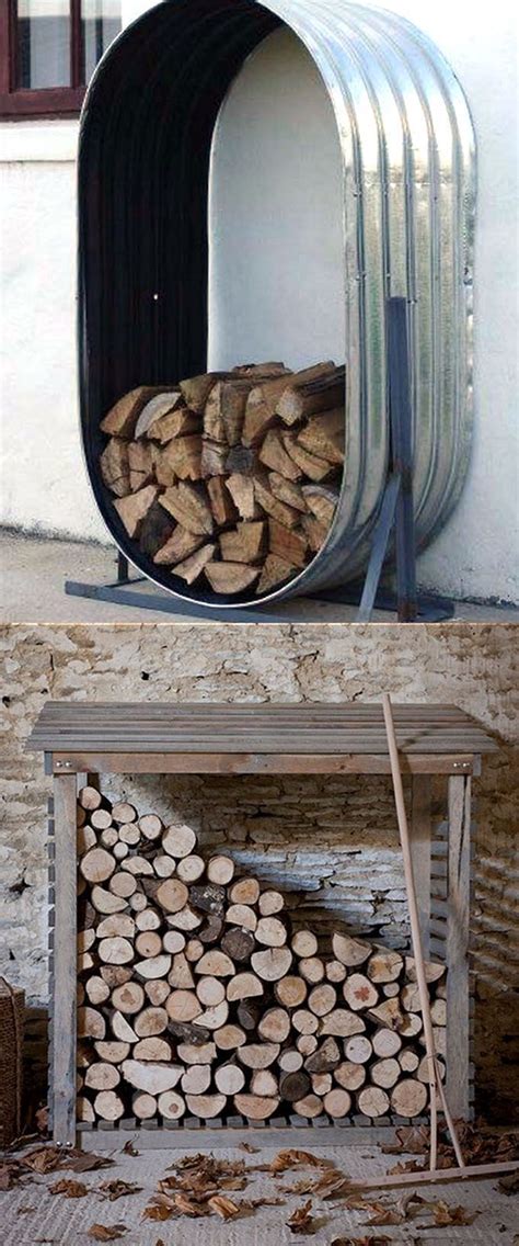 A Pile Of Wood Sitting Next To A Metal Barrel Filled With Firewood In