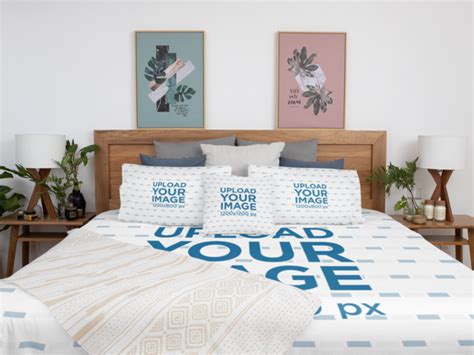 Download Placeit - Duvet Cover Mockup Featuring Three Customizable Pillows Placed on a Neat Bed
