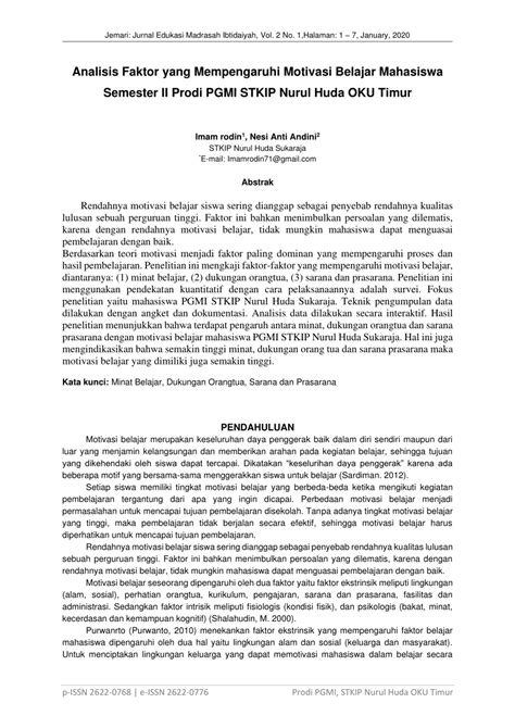 PDF ANALISIS FAKTOR YANG MEMPENGARUHI MOTIVASI BELAJAR MAHASISWA