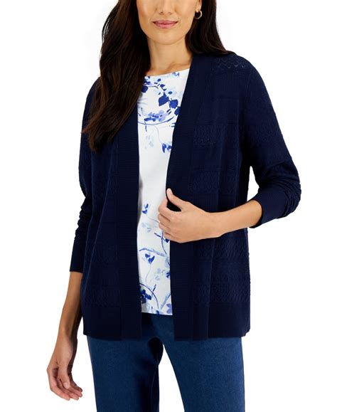 Karen Scott Womens Pointelle Stitch Cardigan Created For Macys In Intrepid Blue Modesens