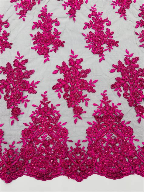 Fuchsia Metallic Corded Embroider With Sequins On A Black Mesh Lace