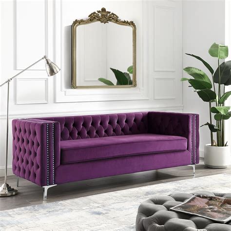 Inspired Home Olivia Purple Velvet Sofa With Gold Nailhead Trim Sa01