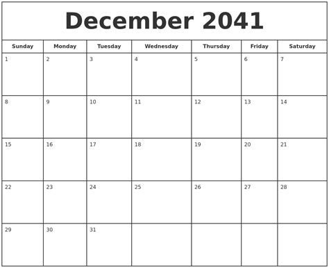 December 2041 Print Free Calendar