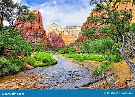 Red Peaks Of Zion National Park Along The Virgin River Utah Usa Stock