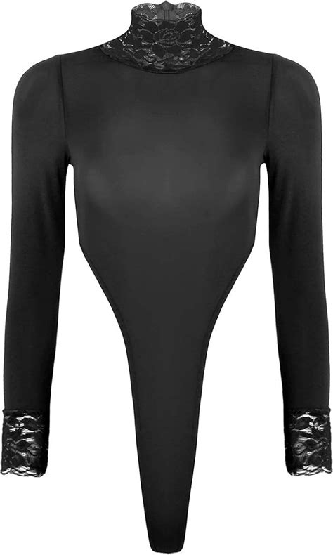 Chictry Womens Sexy Lace Long Sleeve Turtleneck High Cut Thongs Lingerie Leotard Bodysuit Black
