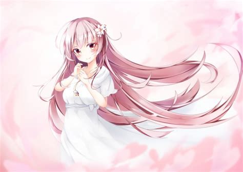 Wallpaper Anime Girl Pink Hair Smiling White Dress Necklace Wallpapermaiden