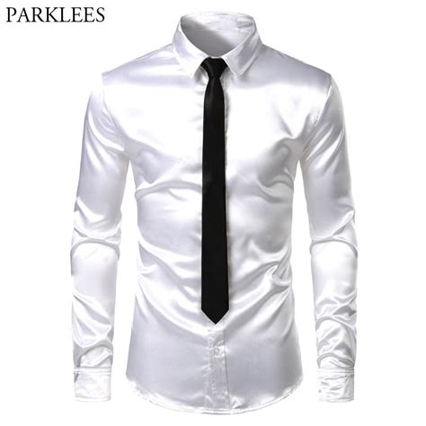 2021 Mens Shirttie White Silk Satin Dress Shirts Slim Fit Long Sleeve