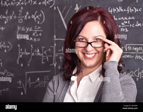 Portrait Of Woman Teacher And Blackboard Background Stock Photo Alamy