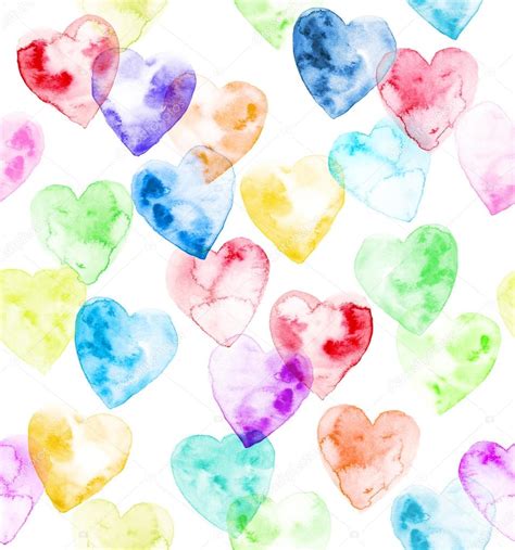 Watercolor Hearts Of Rainbow Colors On A White Background In Random