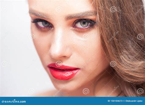 Beautiful Woman With Beauty Makeup On Face Red Lipstick On Lips And