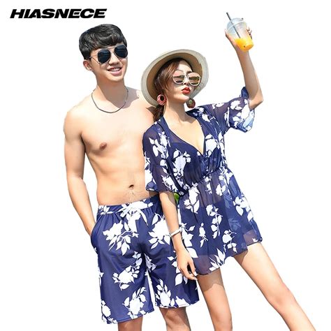 Couples Swimwear 3 Pieces Bikini Sets Solid With Covers Up Mans Beach Shorts Lovers Printed