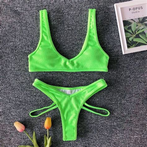 Women Wide Straps Padded Solid Two Piece Bandeau Bikini Set Swimsuit
