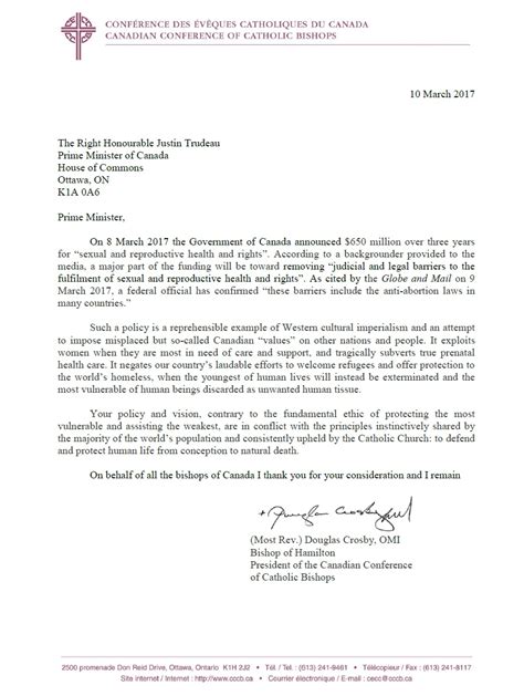 Letter To Prime Minister Justin Trudeau From Cccb President Bishop Douglas Crosby Government
