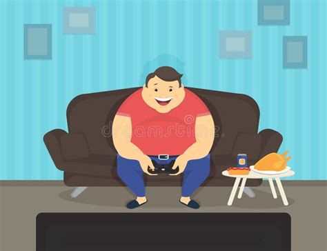 Fat Man Sitting At Home On The Sofa Playing Video Games And Eating Stock Vector Illustration