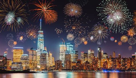 New Years Eve With Colorful Fireworks Over New York City Skyline The