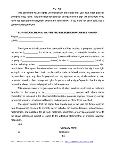 Printable Unconditional Lien Waiver Template