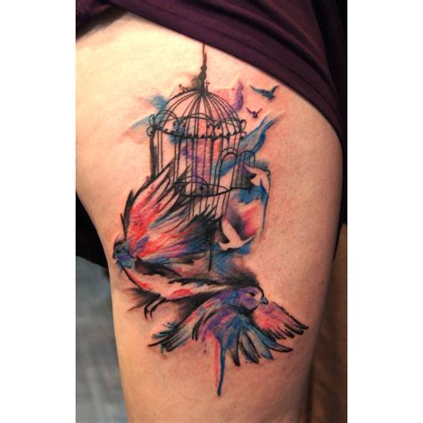 Thigh Watercolour Cage And Bird Tattoo Chronic Ink