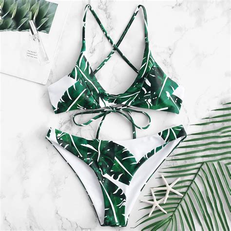 ZAFUL Palm Leaf Crisscross High Rise Bikini Set Lace Up Triangle Bikini