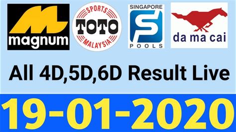 Toto & 4d results for sports toto, singapore toto and many malaysia & singapore lottery games, including the biggest sports toto and singapore for 3d, 4d, 5d & 6d enthusiasts, magayo pick software supports sports toto 4d, 5d & 6d, magnum 4d, singapore pools 4d and many more 3d. Magnum Toto Damacai Today 4D Results 19-01-2020 | 4d ...
