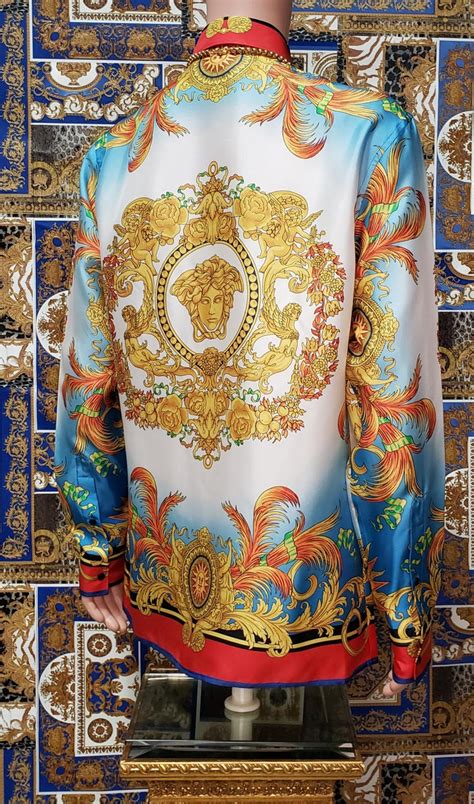 New Versace Medusa Baroque Printed 100 Silk Goldblueredwhite Shirt