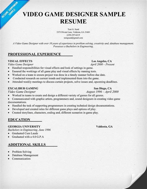 Video Game Designer Resume Sample (resumecompanion.com) | Resume